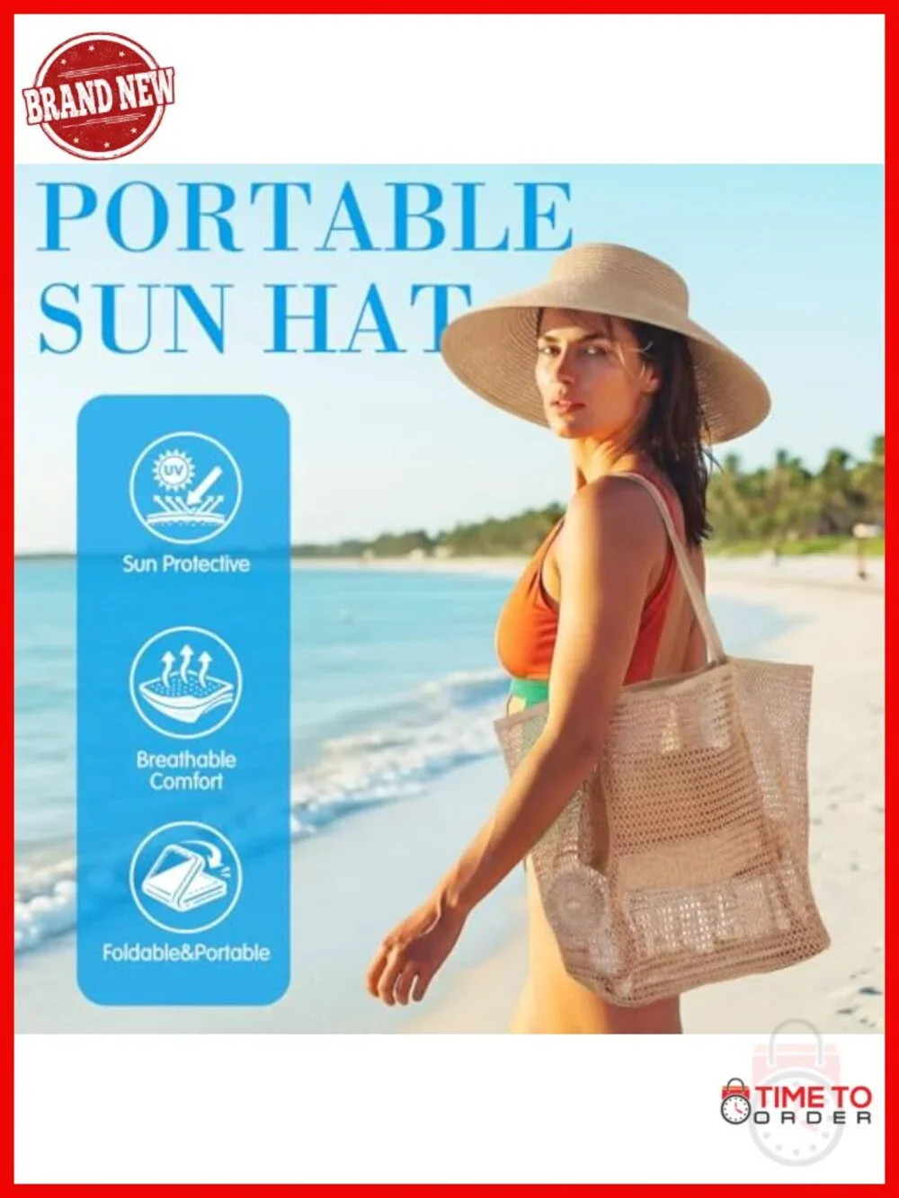 4pc Beach Gift Set: Tote Bag, Sun Hat, Makeup Bag, Handheld Fan Summer Travel